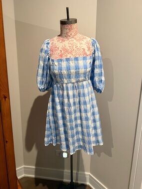 Blue and White Gingham Mini Dress with Puff Sleeves